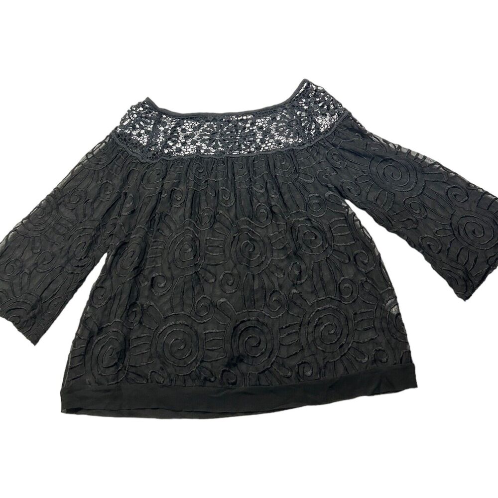 Language Womens Embroidered Tunic Top Lace Yoke 3/4 Sleeve Silk Blend Black Sz S - Picture 1 of 14
